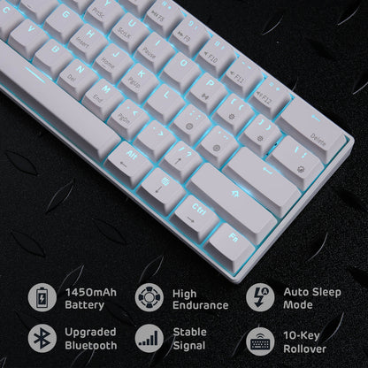 Royal Kludge RK61 white mechanical keyboard battery and Bluetooth detail