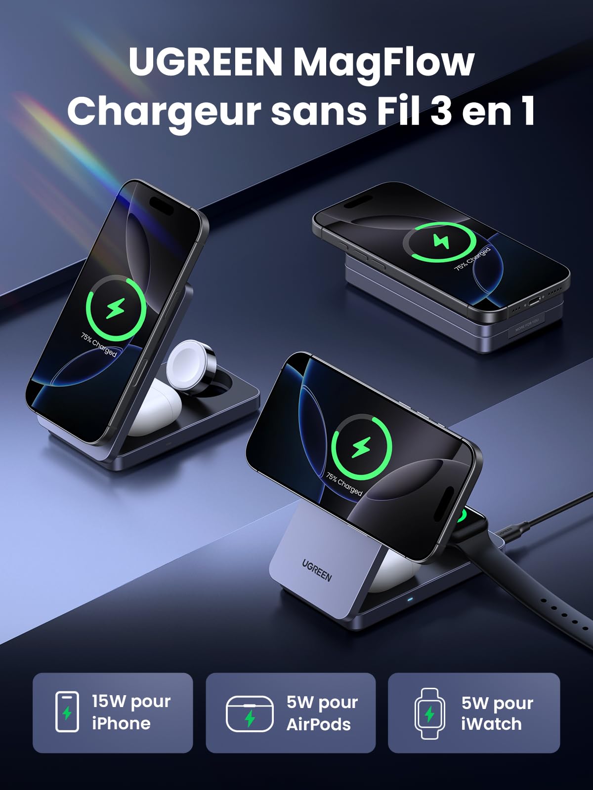 UGREEN MagFlow W707 3-in-1 Qi2 Magnetic Wireless Charger - 45025