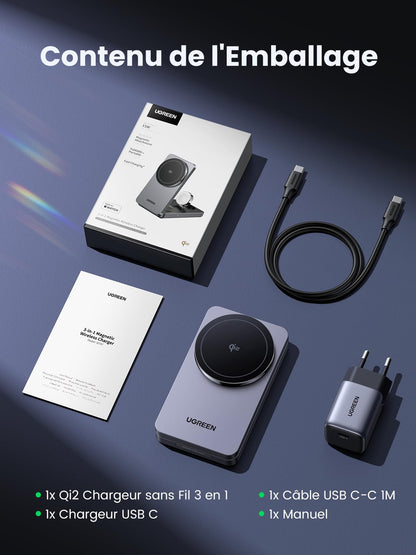 UGREEN MagFlow W707 3-in-1 Qi2 Magnetic Wireless Charger - 45025