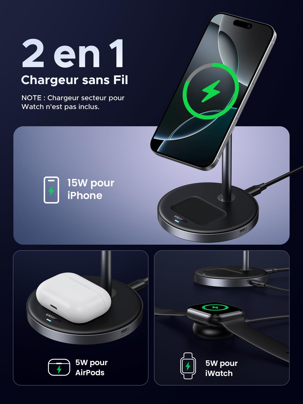 UGREEN MagFlow W710 2-in-1 Qi2 Magnetic Wireless Charger - 45382