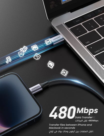 UGREEN US304 USB-C to Lightning Braided Cable 1M Black - 60759