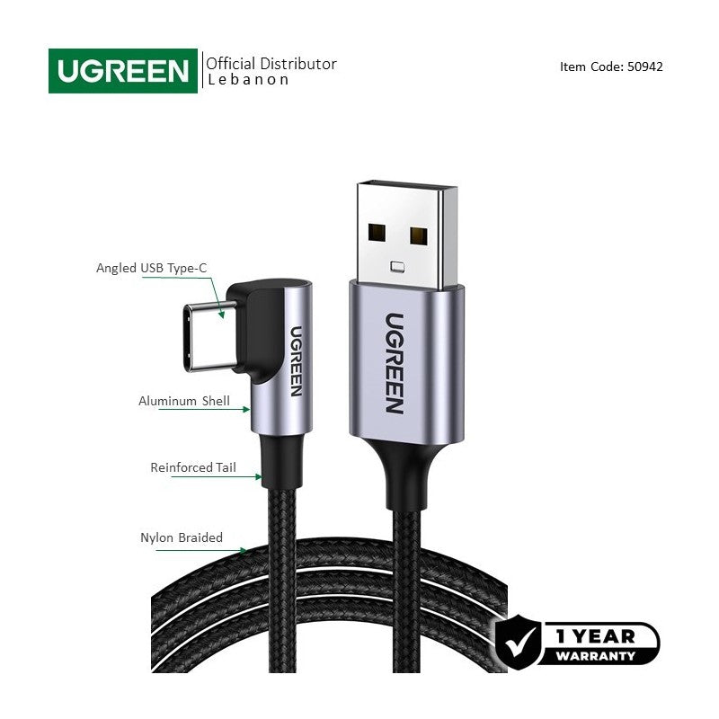 UGREEN US284 angled USB-A to USB-C braided cable - view 1