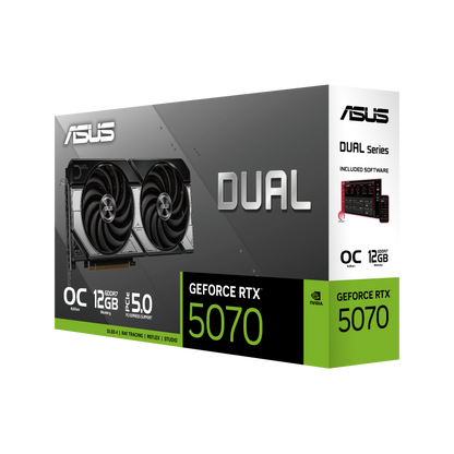 ASUS Dual GeForce RTX 5070 12GB GDDR7 OC Edition DUAL-RTX5070-O12G — retail packaging