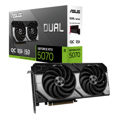 ASUS Dual GeForce RTX 5070 12GB GDDR7 OC Edition DUAL-RTX5070-O12G — retail box angled