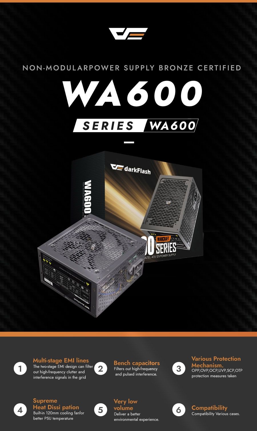 DarkFlash WA600 600W Non-Modular ATX Power Supply clean product hero view
