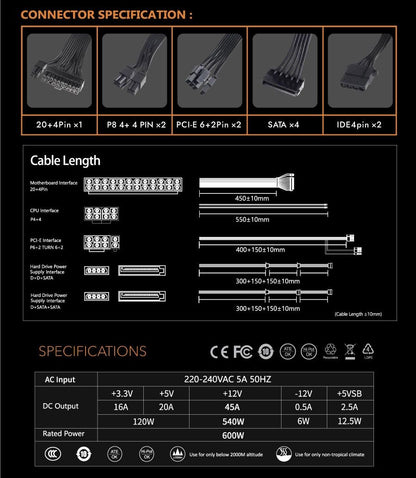 DarkFlash WA600 600W Non-Modular ATX Power Supply specifications and connectors