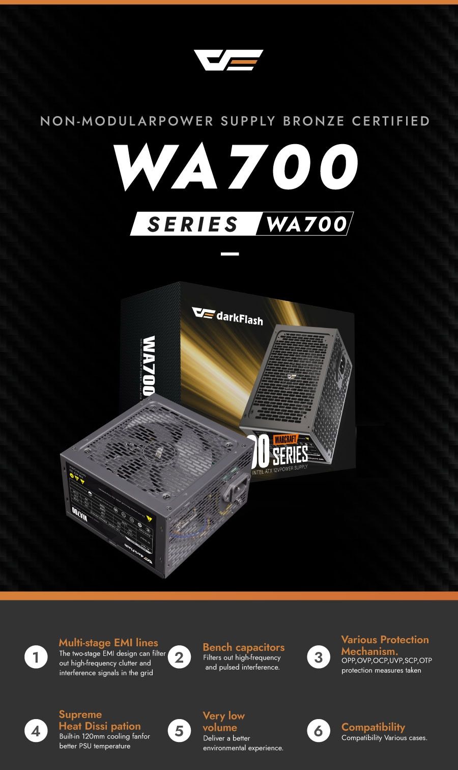 DarkFlash WA700 700W Non-Modular ATX Power Supply clean product hero view