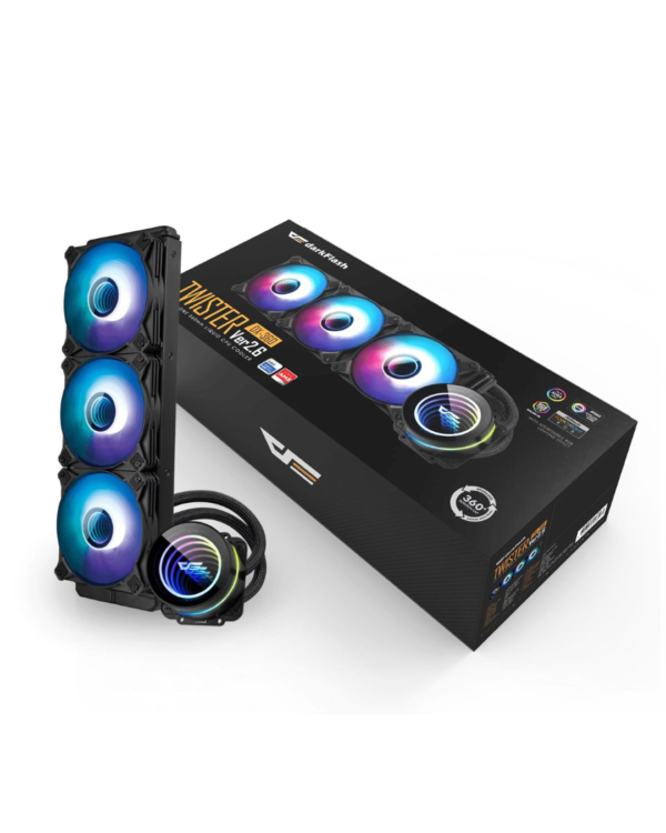 DarkFlash Twister DX 360 V2.6 360mm ARGB liquid CPU cooler with three PWM fans and customizable RGB lighting for Intel and AMD processors.