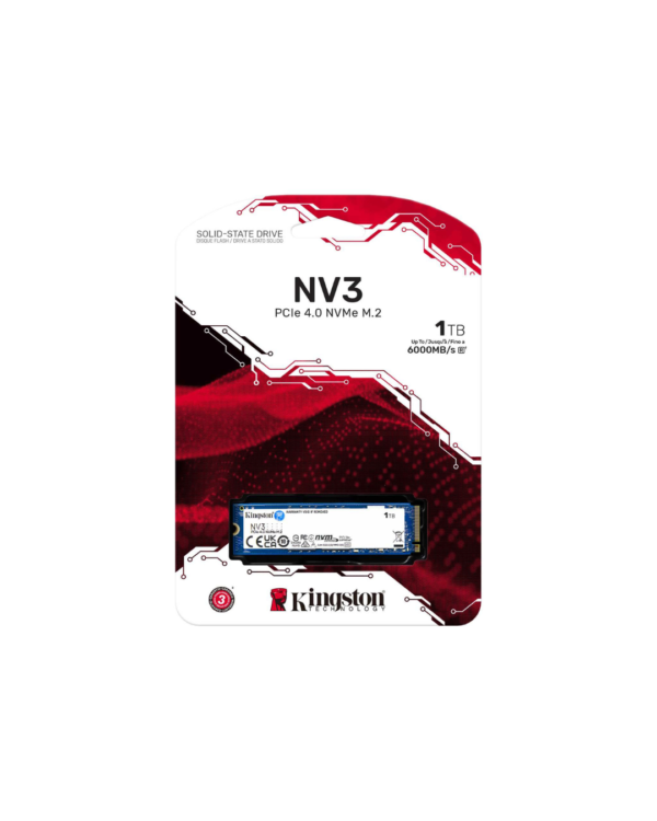 Kingston NV3 1TB NVMe SSD with PCIe 4.0 x4 interface, high-speed performance, and durable NAND flash technology for gaming and workstations.