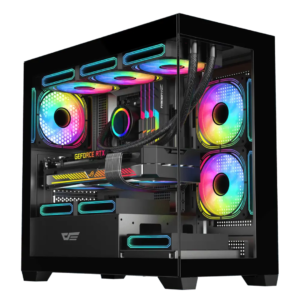 DarkFlash DS900M Black M-ATX PC Case with 3 ARGB Fans, Tempered Glass Panel, and High-Airflow Cooling Support.