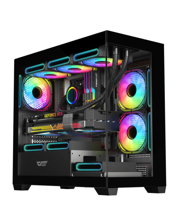 DarkFlash DS900M Black M-ATX PC Case with 3 ARGB Fans, Tempered Glass Panel, and High-Airflow Cooling Support.