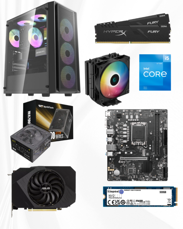 Gaming PC with Core i5-12400F, ASUS RTX 3060, 16GB RGB RAM, and 500GB NVMe SSD, ideal for gaming and content creation.