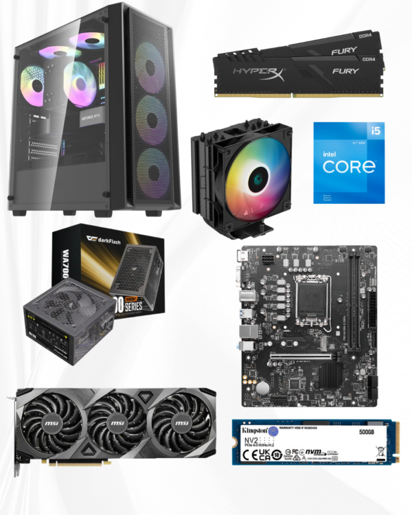 Gaming PC with Intel i5-12400F, MSI Ventus X3 RTX 3070, 16GB RAM, 500GB NVMe SSD, and DarkFlash DK353 case.