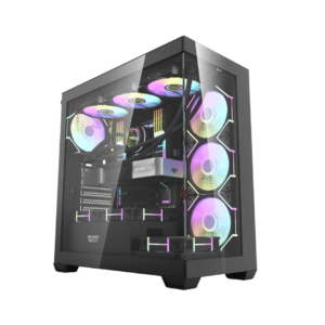 DarkFlash DS900 Black ATX PC Case with 270-degree tempered glass and 10-fan support.