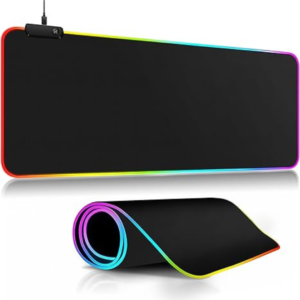 RGB XL Mousepad 900x400x4mm with stitched edges, non-slip rubber base, and customizable lighting for gaming and work.