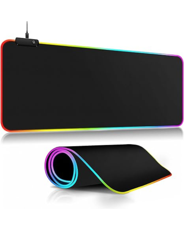 RGB XL Mousepad 900x400x4mm with stitched edges, non-slip rubber base, and customizable lighting for gaming and work.
