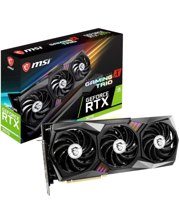 MSI GeForce RTX 3070 Gaming X Trio 8GB graphics card with triple-fan cooling and RGB lighting.