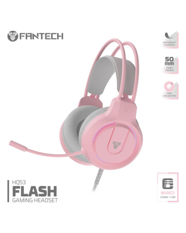 Fantech HQ53 FLASH Gaming Headset Pink with customizable RGB lighting.