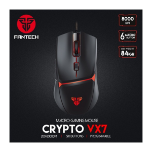 Fantech VX7 CRYPTO Gaming Mouse with RGB lighting and 8000 DPI sensor in black, offering durability and customization for gamers.