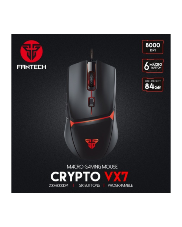 Fantech VX7 CRYPTO Gaming Mouse with RGB lighting and 8000 DPI sensor in black, offering durability and customization for gamers.