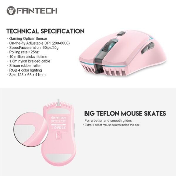 Fantech CRYPTO VX7 Pink Gaming Mouse – 8000 DPI RGB - Image 3