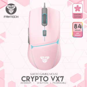CRYPTO VX7 Sakura Edition Pink Gaming Mouse showcasing its 8,000 DPI sensor and ergonomic design.