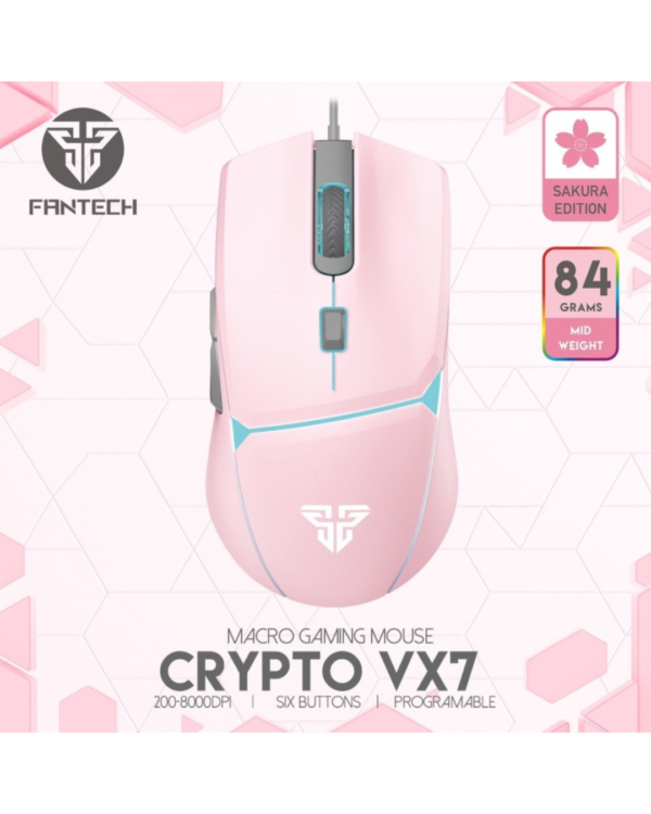 CRYPTO VX7 Sakura Edition Pink Gaming Mouse showcasing its 8,000 DPI sensor and ergonomic design.