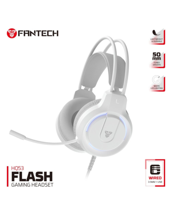 Fantech HQ53 FLASH Gaming Headset in white with 50mm drivers and omnidirectional microphone