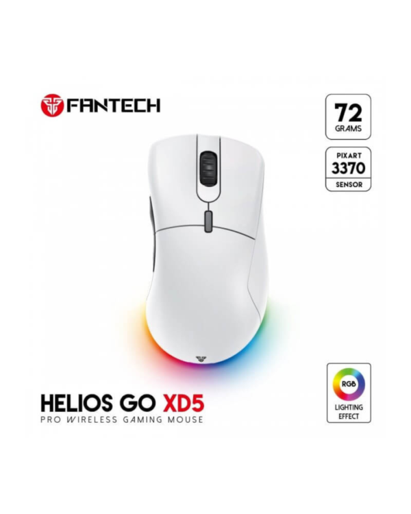 Fantech XD5 HELIOS GO Wireless Gaming Mouse – White with RGB lighting, dual connectivity, and high-precision sensor.