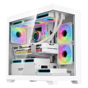 White DarkFlash DS900M M-ATX PC case with three glowing ARGB fans, tempered glass side panel, and excellent airflow for gaming PCs.