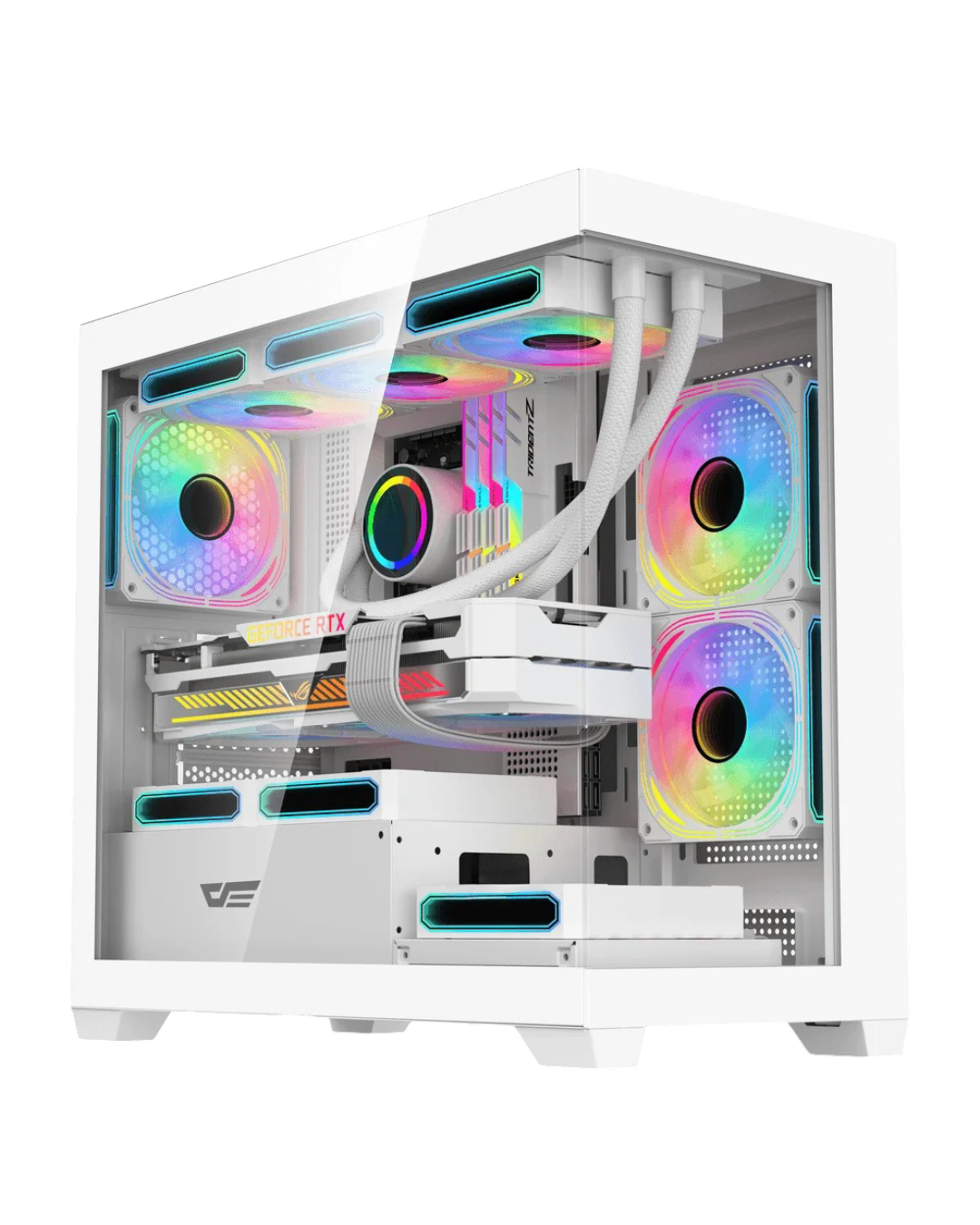 Elevate your build with the DarkFlash DS900M White M-ATX PC Case, featuring a stunning panoramic tempered glass design and three pre-installed ARGB fans for brilliant illumination and optimized cooling