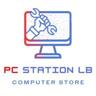 PC Station LB logo featuring a gaming PC hand design with sky blue, red, and blue color scheme on a white background